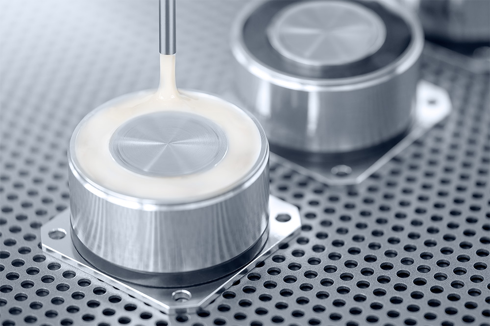 A proximity sensor is sealed using a polyurethane-based sealant from Wevo for high-performance electronics.
